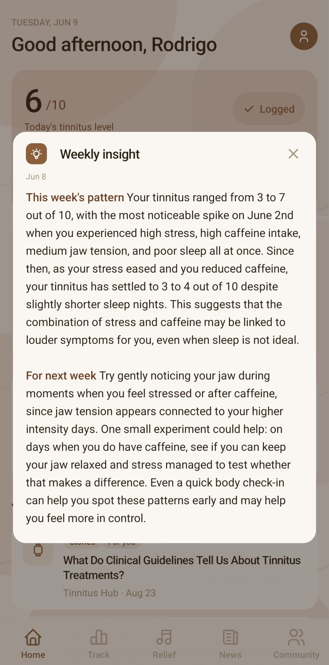 SONA app, AI weekly insight explaining what affected your tinnitus